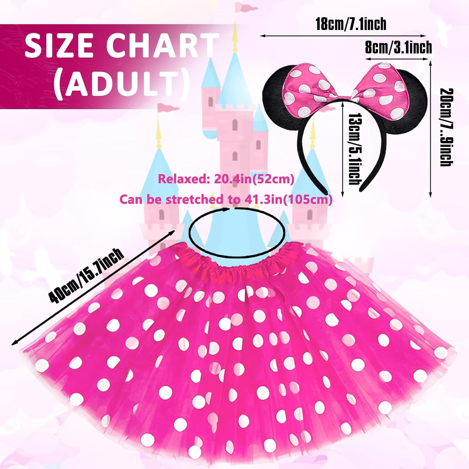 Minnie Mouse Costume Kit Women Girls, Pink Minne Polka Dots Tutu Dress Mouse Ear Headband Christmas Halloween Fancy Dress for Adult Kids image number 5