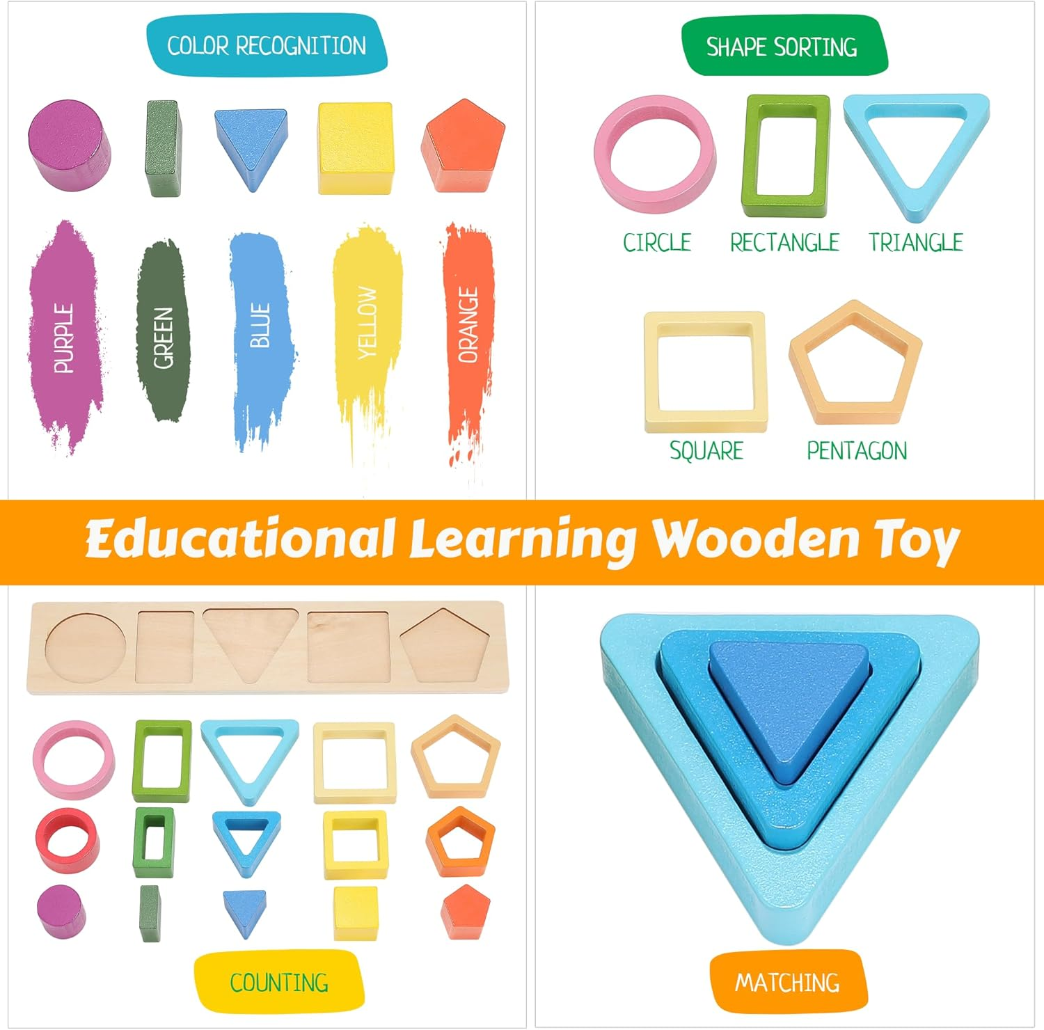 Wooden Shape Sorting & Stacking Toys for Toddlers, Montessori Toys with 20 Pcs Blocks of 5 Different Shapes and Colors to Fine Motor Skills image number 2