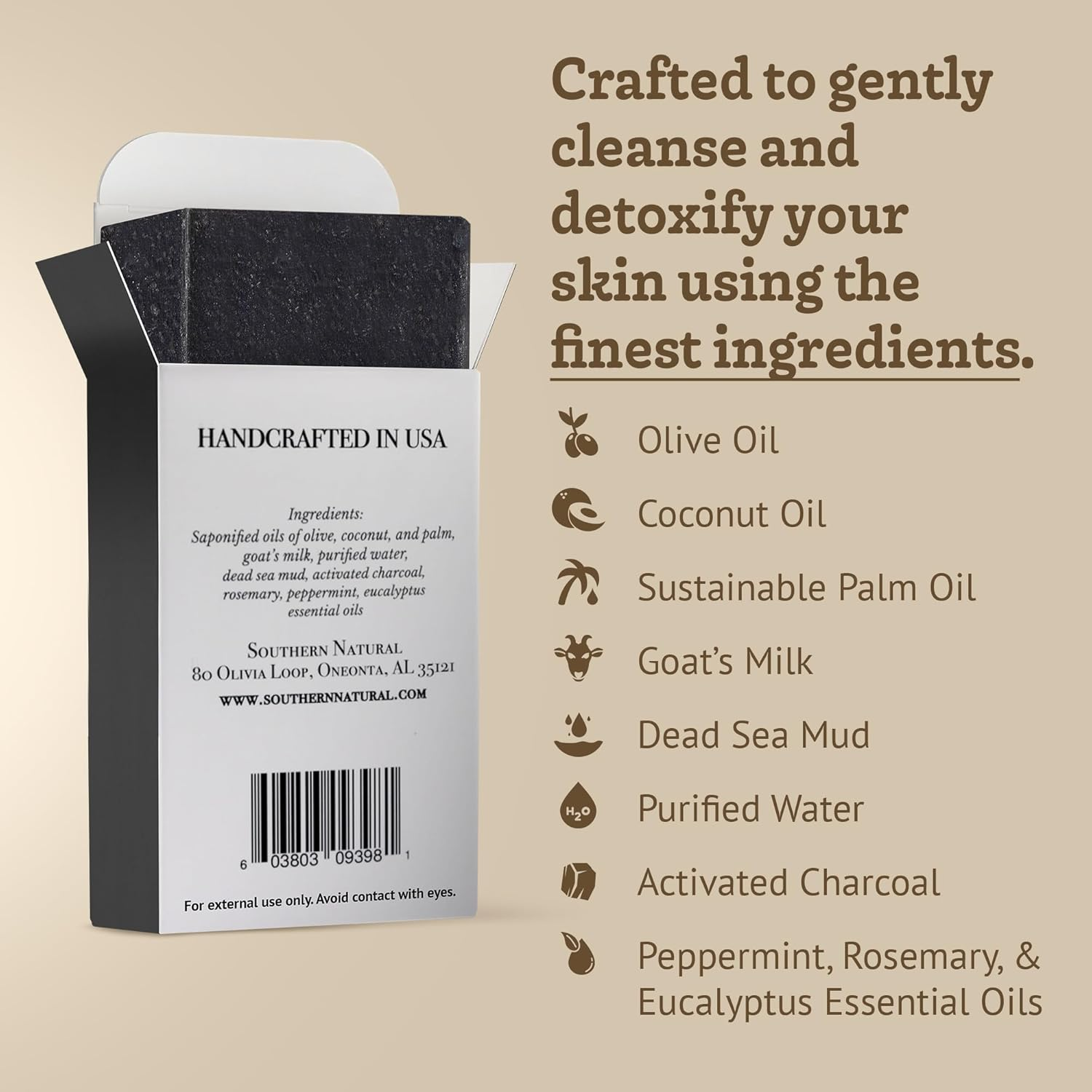 Southern Natural Activated Charcoal Soap Bar (3 Pack) Face and Body Soap for Sensitive Skin with Dead Sea Mud, Goat Milk & Peppermint Essential Oil image number 4