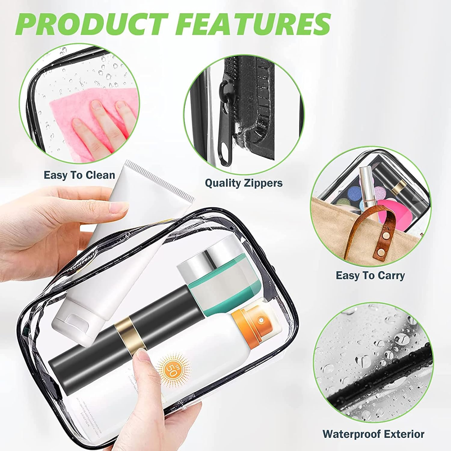 Set of 3 Clear Cosmetic Bags - Clear Travel Makeup Bags, Clear Toiletry Bags, Portable Clear Pouches, Transparent Travel Pouch Bags with Zipper for Women, Girl (Clear) - Black image number 3