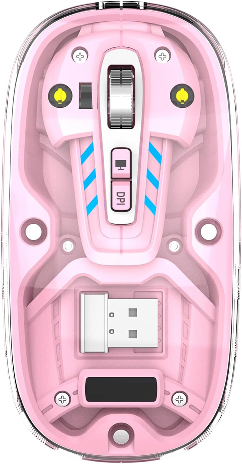 Lancoon Wireless Transparent Mouse with 2.4G Mute Button Cool Blue Light 3 Adjustable DPI Optical Sensor Rechargeable Design Magnetism Cover for Computer Gaming Home