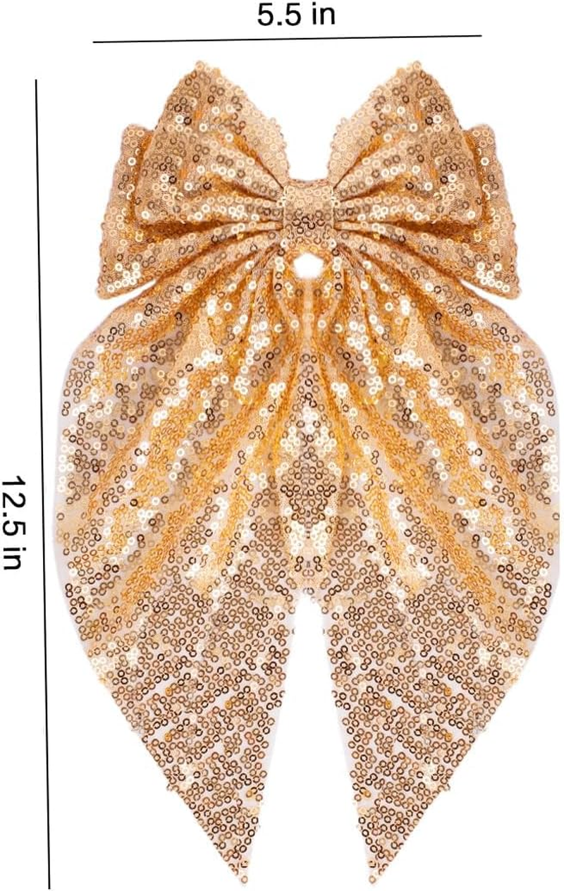 Sparkly Sequin Hair Bows for Women Girls Gold Glitter Hair Bows with Long Tail Large Hair Barrettes Hair Clips Bling Hair Accessories for Christmas Holiday Birthday Party - Gold image number 5