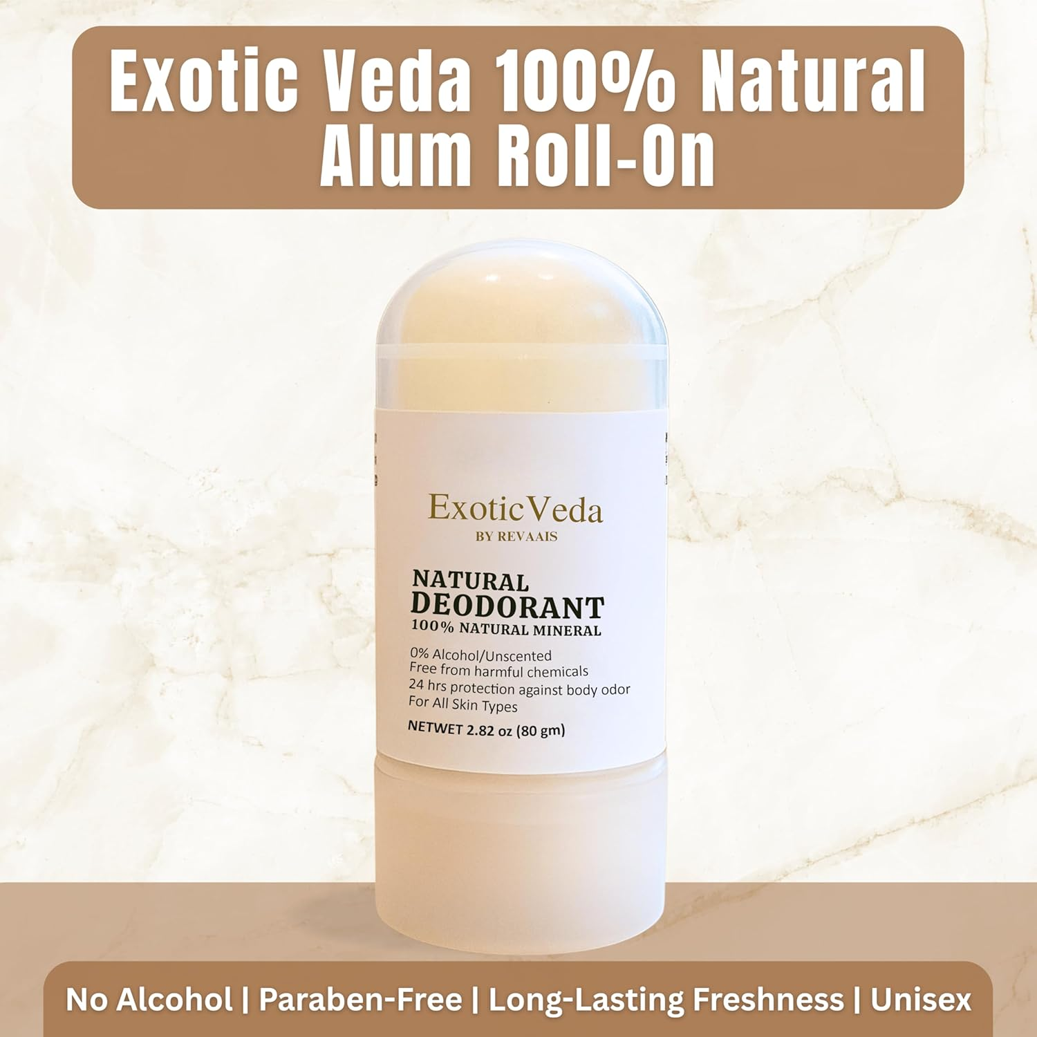 100% Natural Alum Roll on Deodorant, Unscented, Alcohol-Free, Chemical-Free, 24-Hour Odor Protection, for All Skin Types, 2.82 Oz (80G) (Natural) image number 5