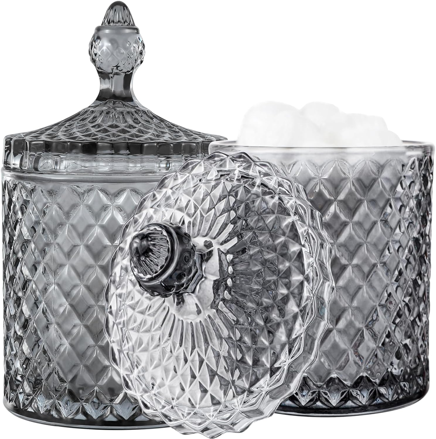 2 Pack Qtip Holder Thick Glass Apothecary Jars with Lid for Bathroom Decor, Clear Cotton Ball Storage Organizer for Cotton Swab, Cotton Rounds, Jewelry, Candy