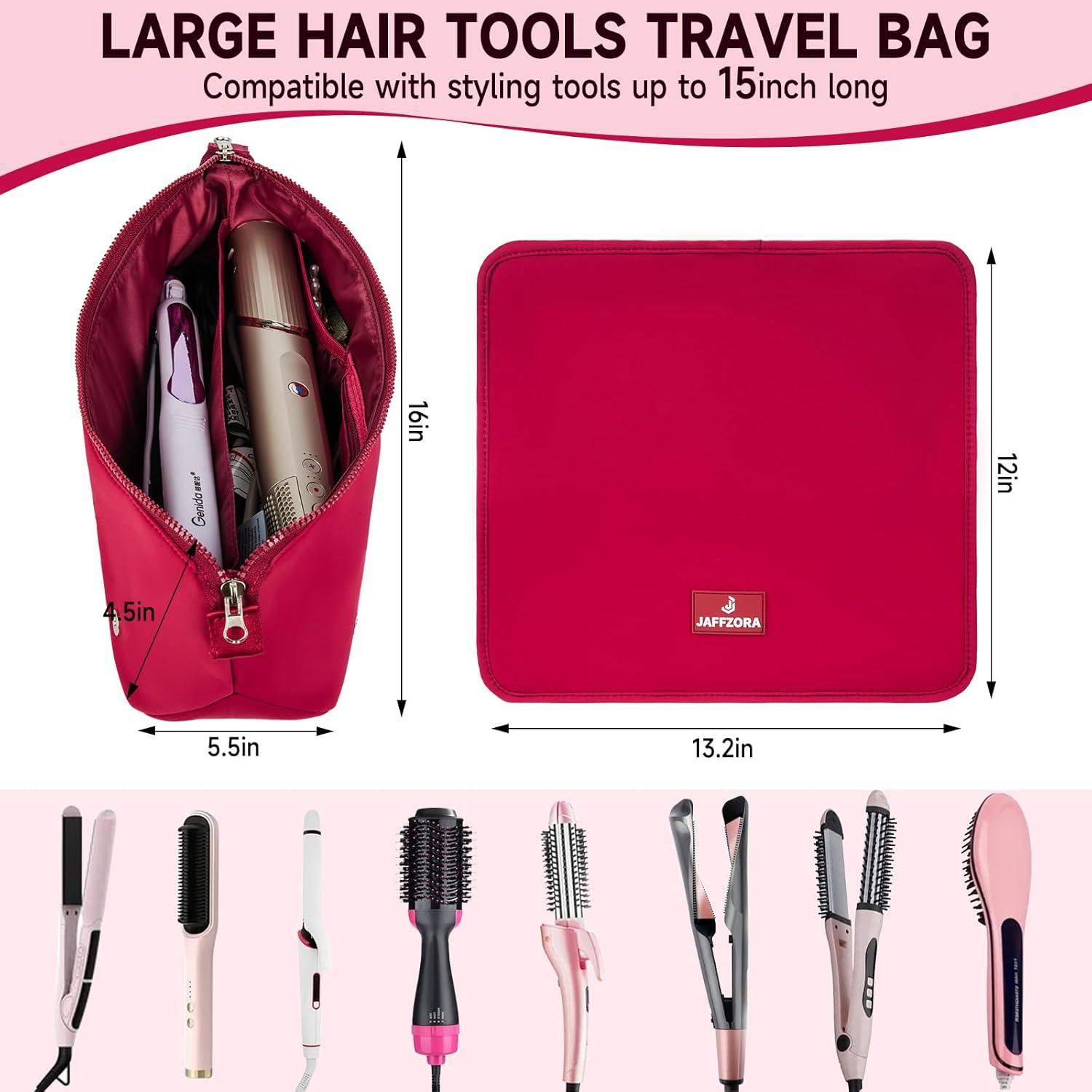 Hair Tools Travel Bag with Heat Resistant Mat and Lining, Portable 2 in 1 Hair Storage Bag for Curling Iron, Flat Irons, Straighteners and Haircare Accessories(Red) image number 2