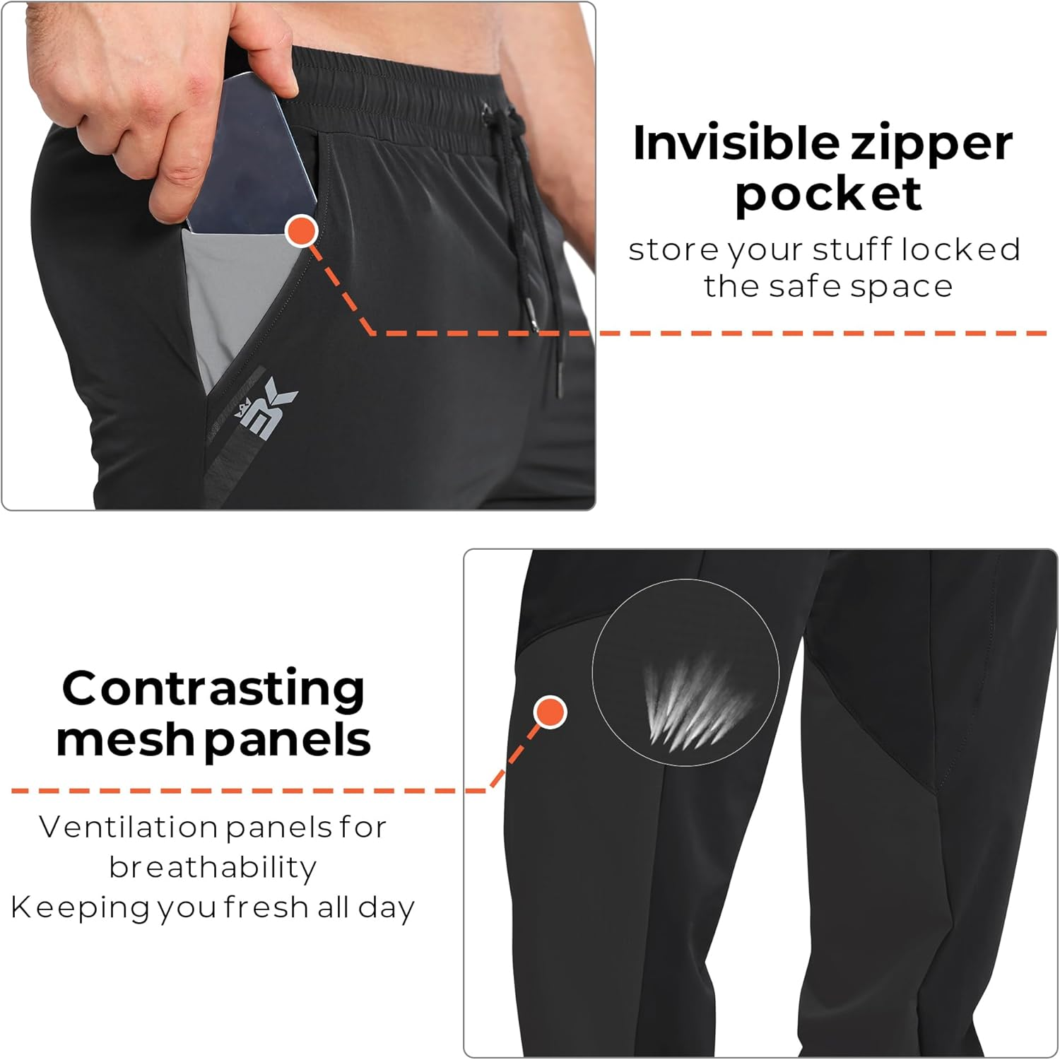 BROKIG Men'S Clashing Joggers Pants,Lightweight Workout Gym Track Pants Mesh Leg Casual Sports Running Sweatpants with Zip Pocket