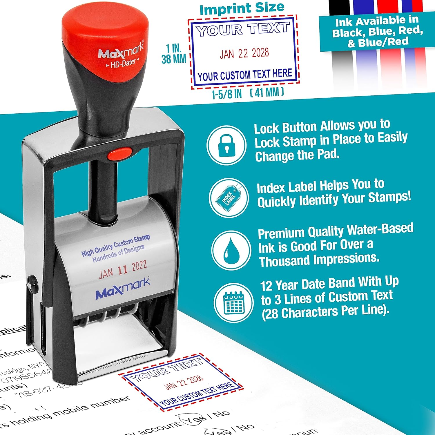 Heavy Duty Date Stamp with Paid Self Inking Stamp - 2 Color Blue/Red Ink