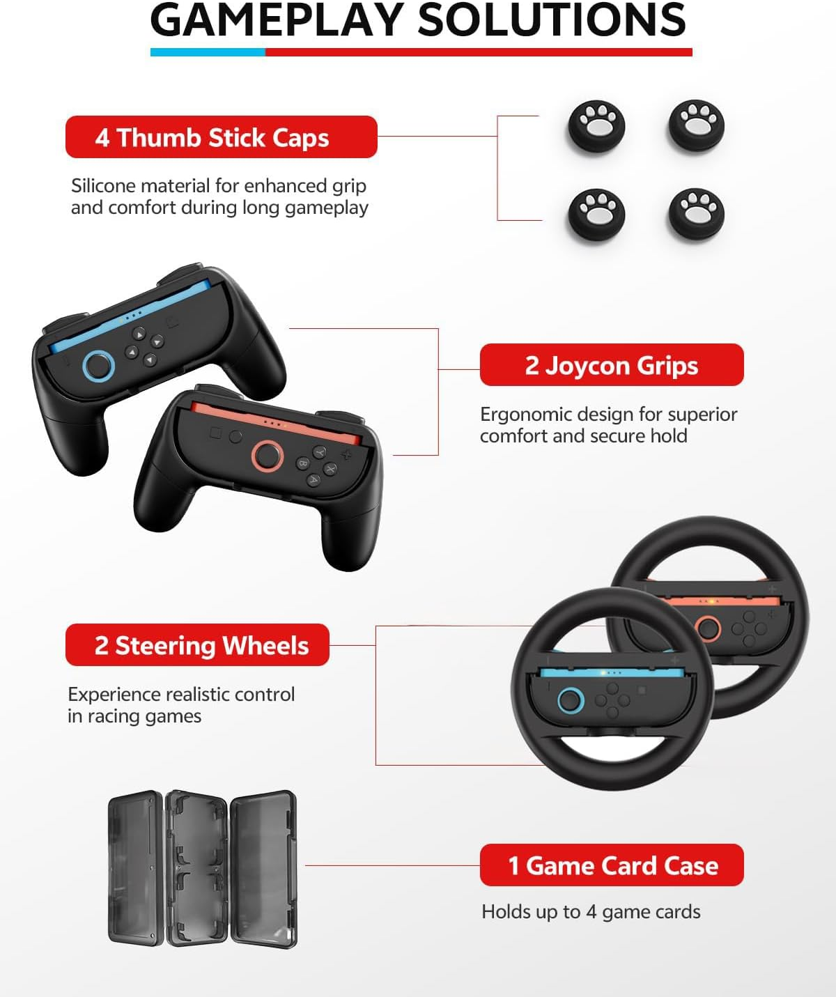 Nintendo Switch 2 Accessories Bundle,16 in 1 Premium Game Kit: Hard Carrying Case with Storage Compartments, 2X Tempered Glass Screen Protectors with Alignment Frame, Steering Wheel for Mario Kart, Ergonomic Grip for Joycon Controllers & Console Protective Cover image number 5