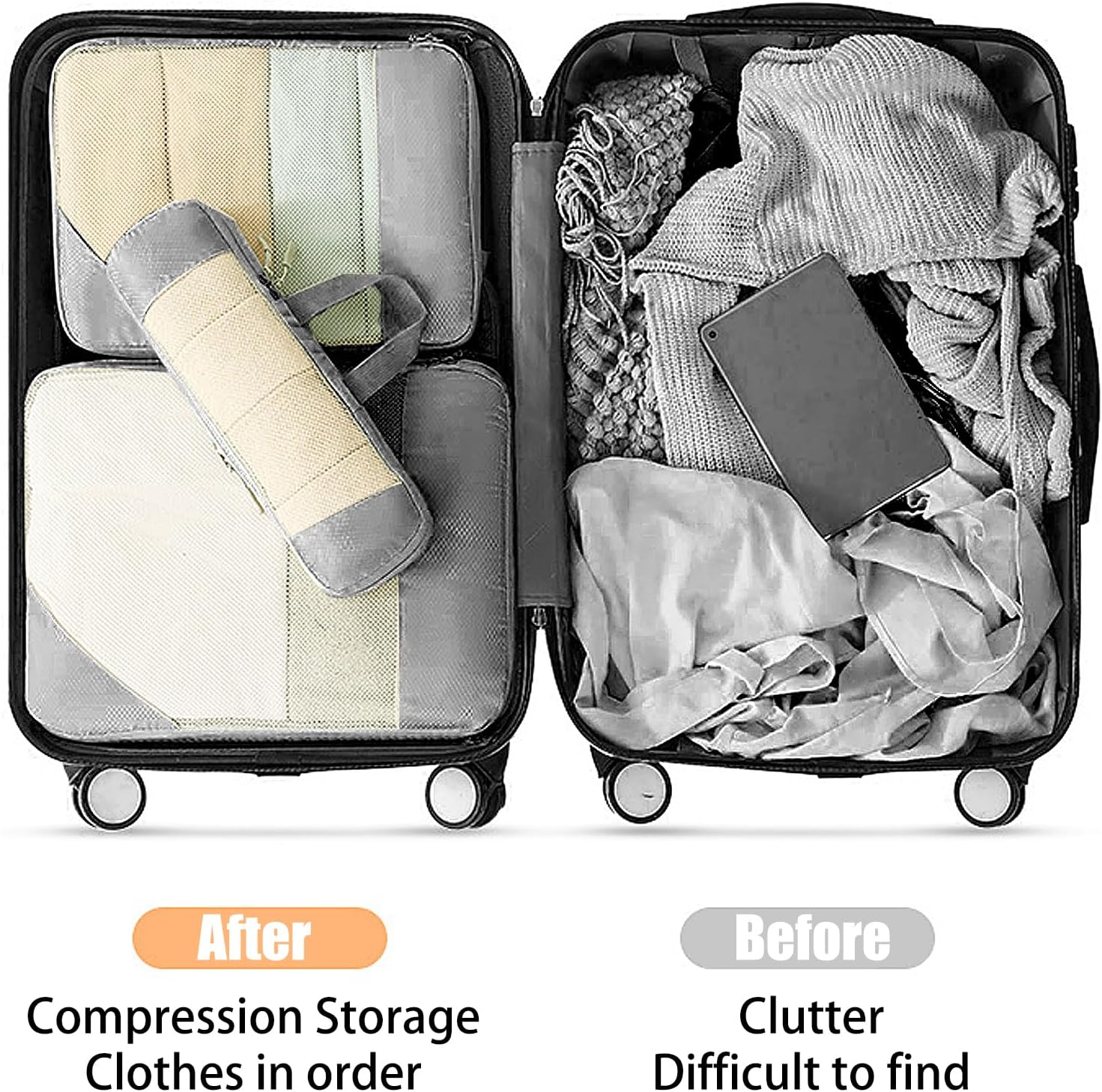 Compression Packing Cubes,Tipai 6 Set Travel Packing Organisers,Waterproof Travel Packing Cubes for Suitcases Travel Accessories,Grey