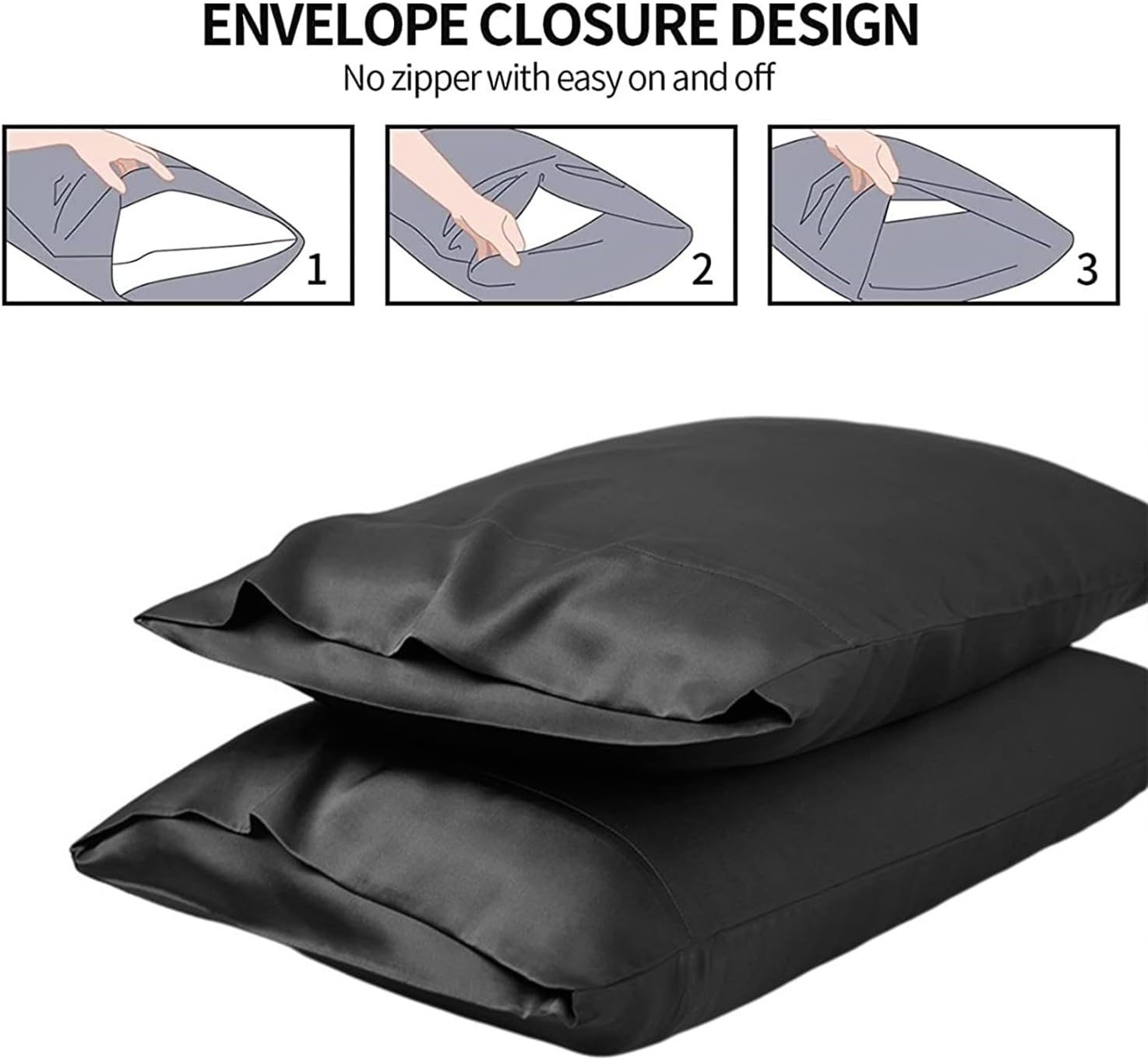 Satin Pillowcase, T Tersely 2 Pack 20"X 30" Silk Satin Pillowcases for Hair and Skin Queen Size Pillow Case with Envelope Closure (Black) image number 4