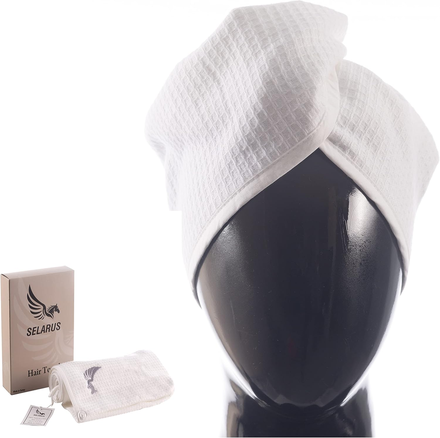 SELARUS 100% Turkish Cotton Hair Towel Wrap for Women,Non Microfiber,Super Absorbent,Antifrizz,Plopping Hair Drying Waffle Bath Towels for Curly,Long&Thick Hairs,Head Wrap,2 Pack10X26Inc (Grey+Grey)