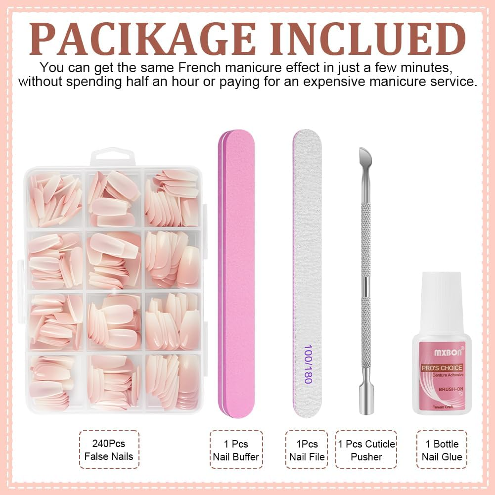 BUTBU Pack of 240 False Nails Tips Set, French False Nails for Sticking, 12 Sizes French Press on Nail Set, Fake Nails with Glue for Women and Women (Colour Gradient Long Coffin Nail Tips) image number 5