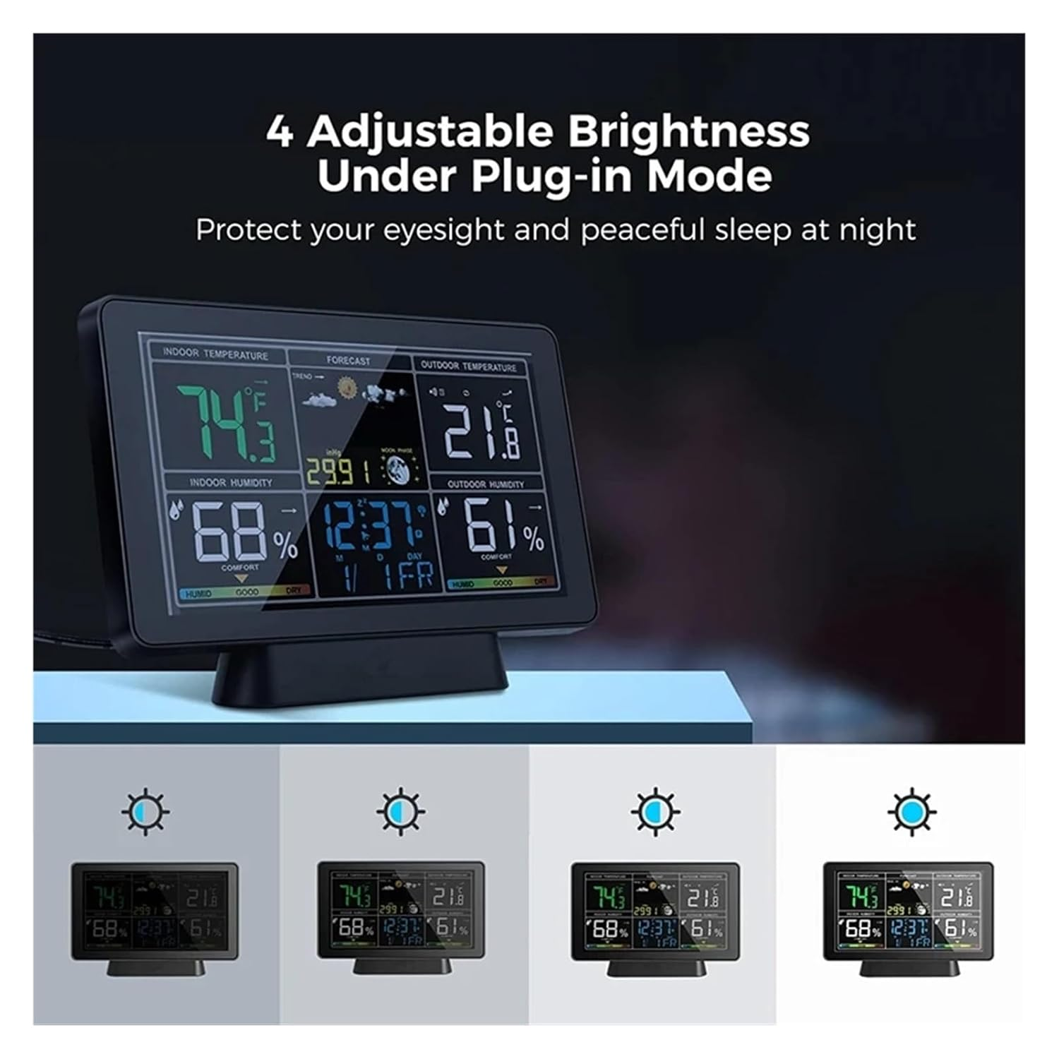 7.5" Color LCD Wireless Weather Forecast Station Digital Thermometer Hygrometer Trend Barometer Moon Phase Alarm Clock Calendar image number 5