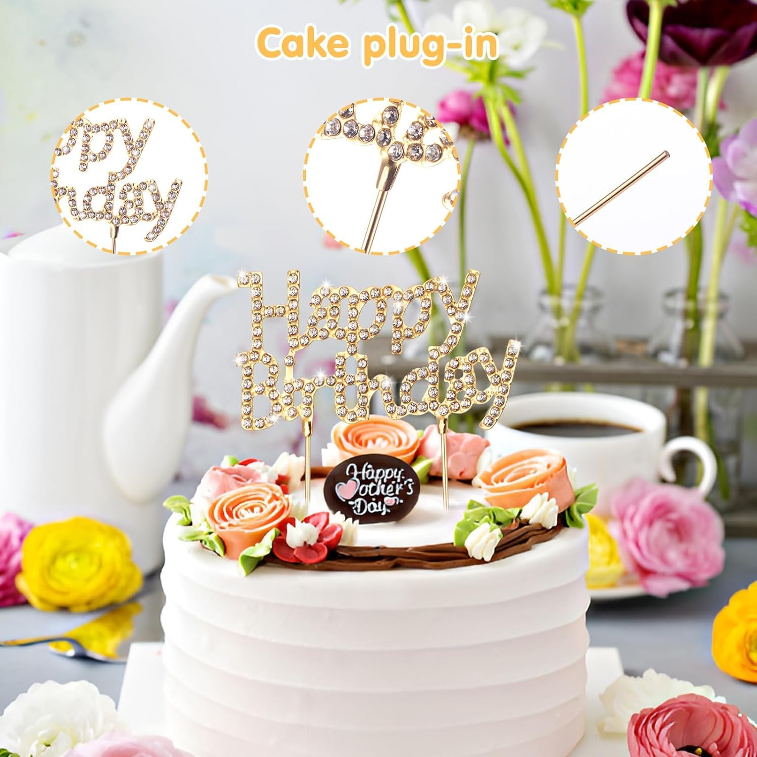 Mynoozi 2PCS Birthday Headband and Cake Topper Kit,Crown Happy Birthday Headband for Women Girls,Rhinestone Happy Birthday Accessories,Cake Decoration-Iron Gold image number 3