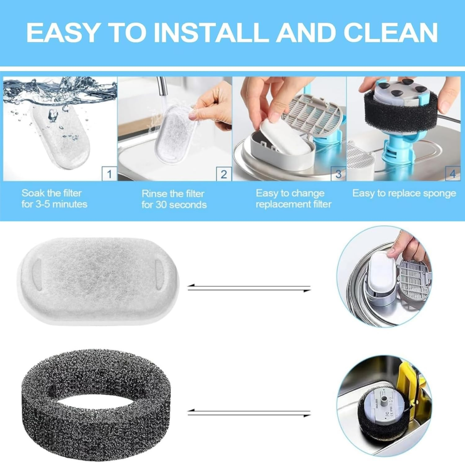 Luojinluoda Cat Water Fountain Filters - 16 Pack Premium Pet Water Fountain Filter Replacement for Stainless Steel 67Oz/2L Pet Drinking Fountain, Includes 8+8 Pack Dog Drinking Filters for Puppys image number 4