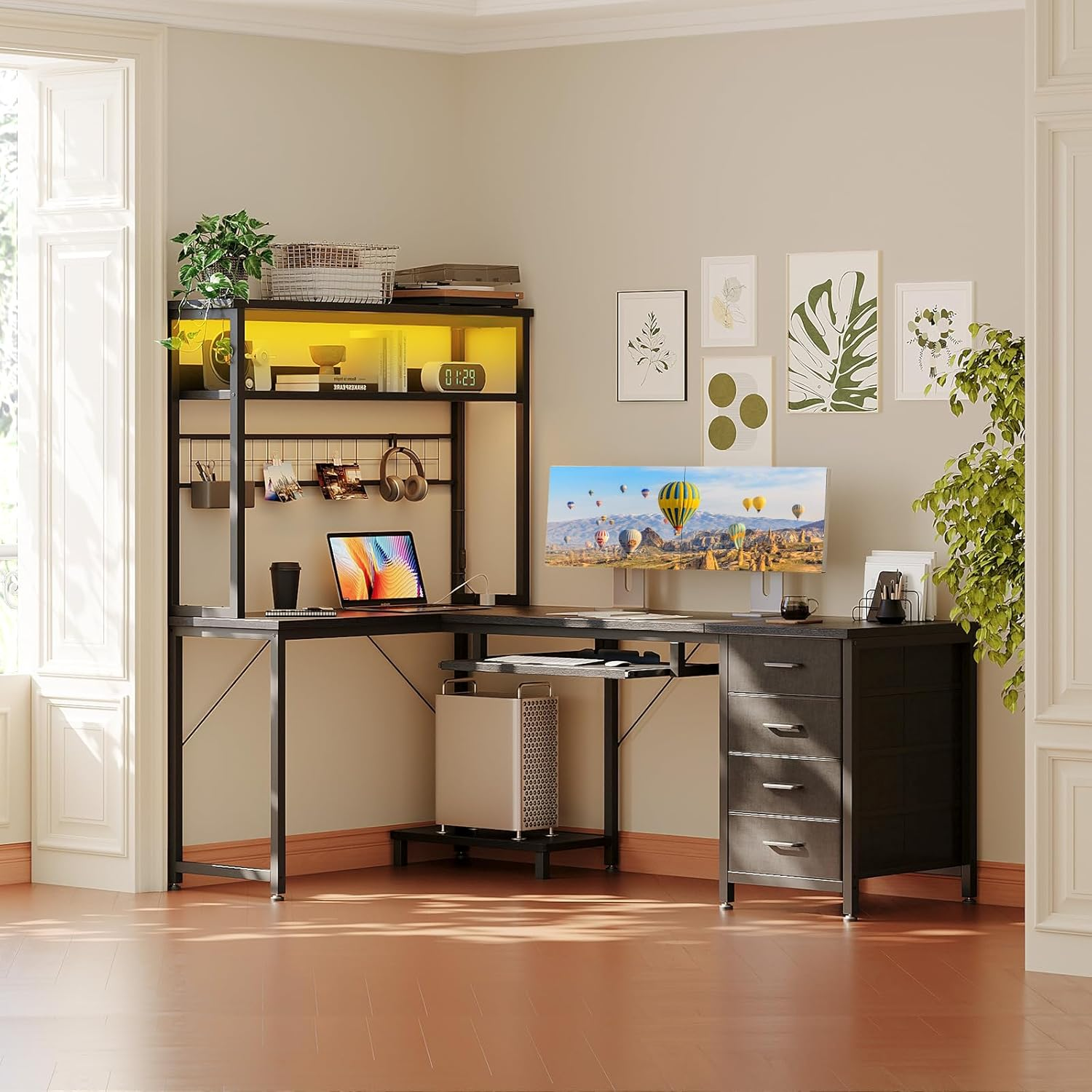 ODK 59Inch Reversible Computer Desk with Drawers,Corner Office Desk with LED Lights & Power Outlets, L Shaped Desk with Shelf & Extendable Keyboard Tray, Study PC Gaming, 149.5 * 100 * 149.5Cm, Black image number 2