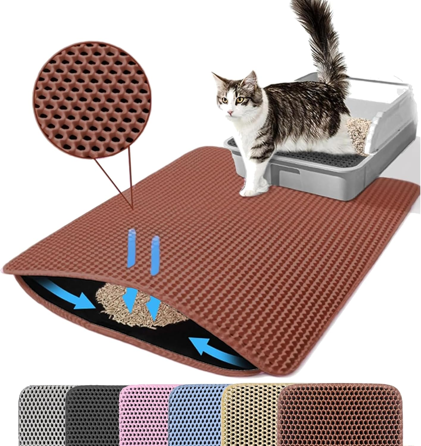 Petinstinct Cat Litter Mat, 24X18 Inches Large Honeycomb Double Layer Cat Litter Trapping Mat, Non Slip Waterproof Urine Proof Cat Litter Box Mat, Kitten Supplies and Essentials, Brown image number 6