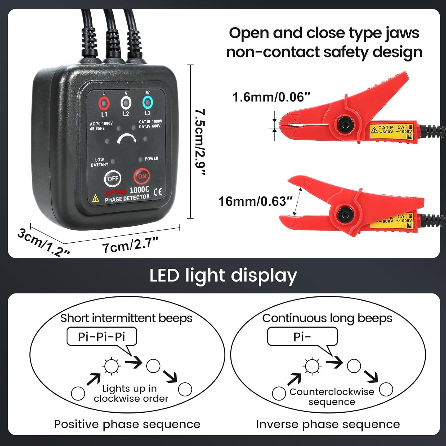 EITAI ETCR1000C Non-Contact Phase Sequence Tester, AC 70V-1000V, &Phi;0.6Inch/16Mm, Manufacturer Direct Sales, Phase Rotation Meter image number 2