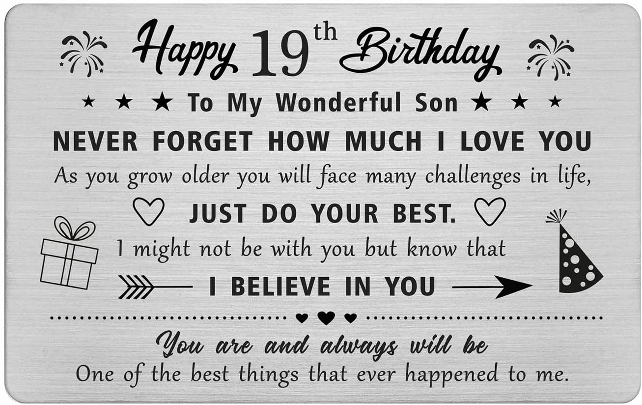 Son 19Th Birthday Card, Birthday Gifts Card for 19 Year Old Son, Metal Engraved Wallet Card