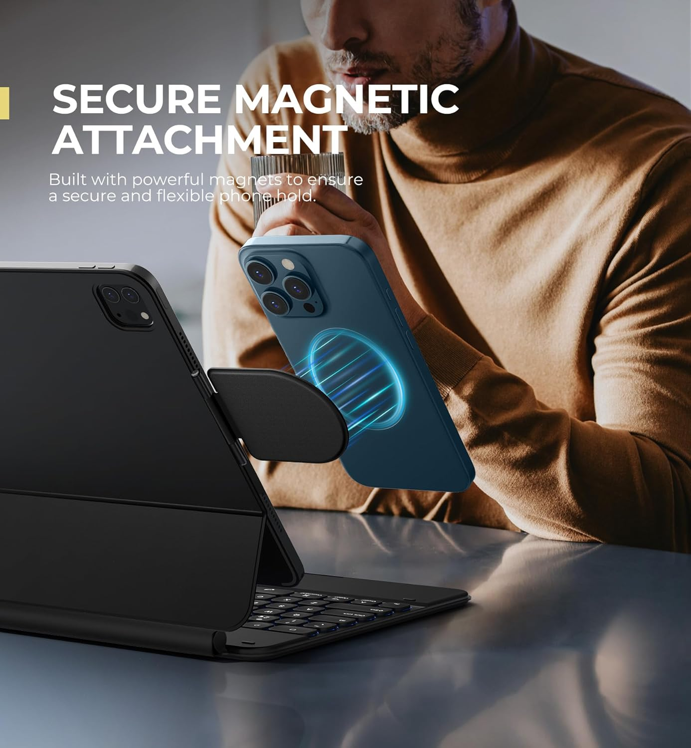 Dexnor Magnetic Phone Holder for Magic Keyboard, Compatible with Magsafe and Non-Magsafe Phone, Slim Portable Foldable Productivity Stand Mount for Ipad/Samsung Magnetic Keyboard Cases - Black image number 4