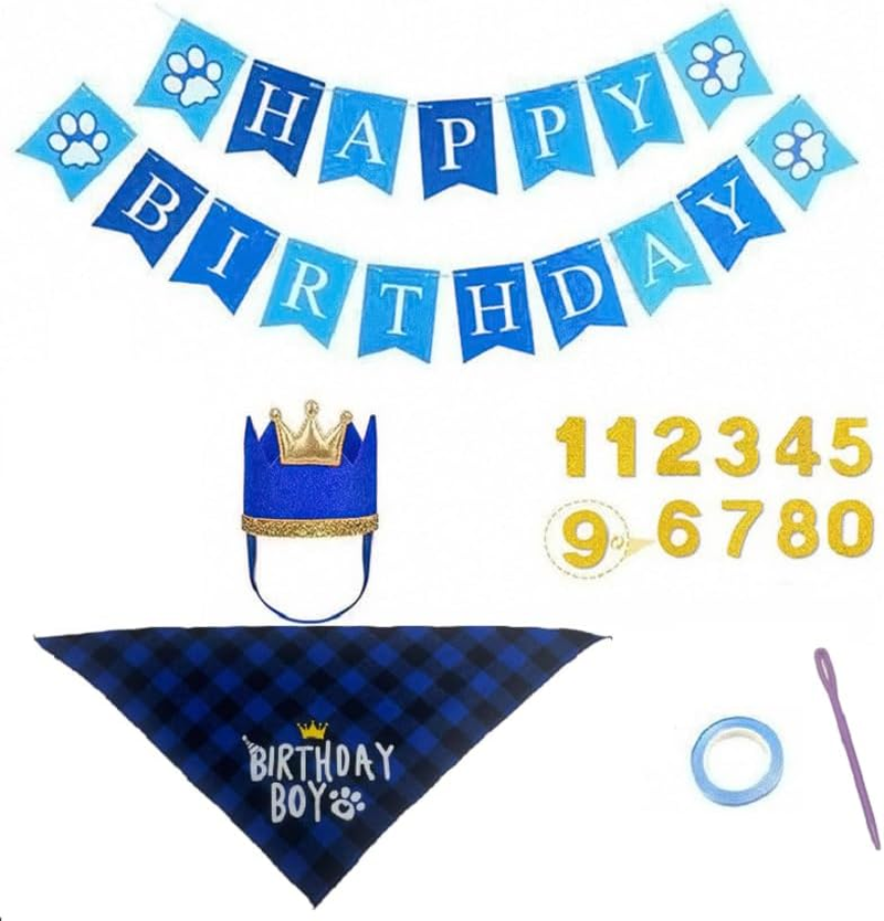 Generic Dog Birthday Hat Bandana - Complete Set with Hat, Bandana, Scarf, Bow, Banner (Blue, One Size) image number 5