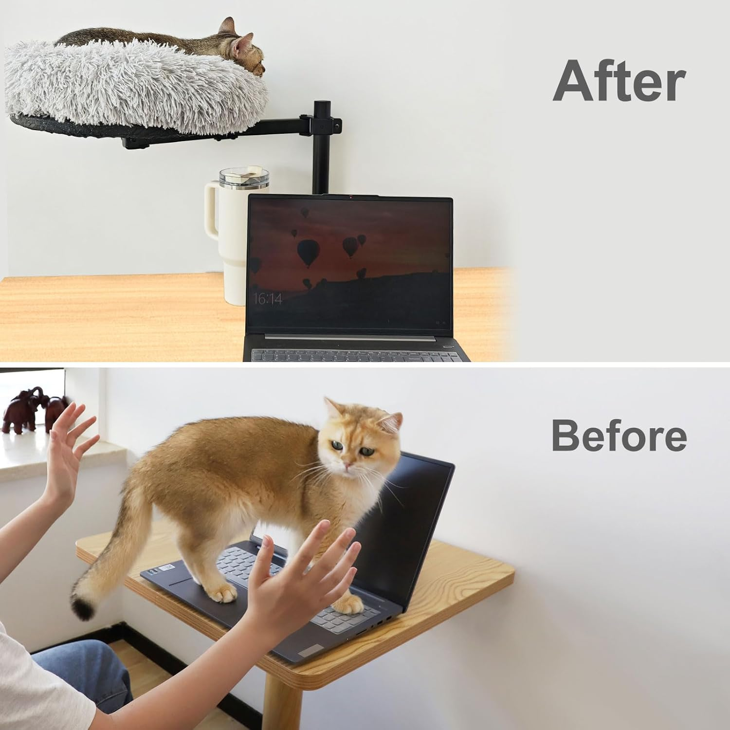 Henglisam 16'' Cat Desk Bed, 360&deg; Rotating & Height Adjustable Cat Hammock Bed, Cozy Soft Plush Pet Cushion for Office Desks and Game Tables image number 2