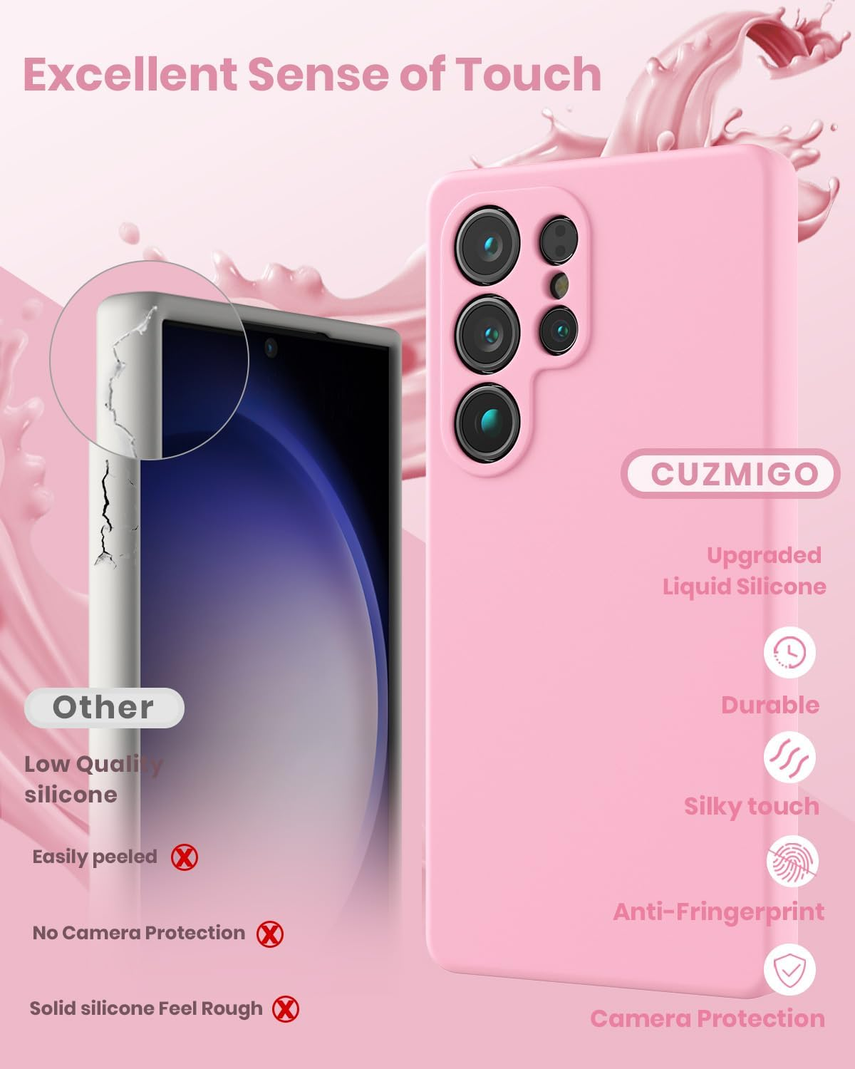 CUZMIGO Silicone Case for Samsung Galaxy S25 Ultra, Soft Slim Liquid Silicone Phone Case with Anti-Scratch Microfiber Lining, Camera Cover Protection with Cute Color Variety, Chalk Pink image number 6