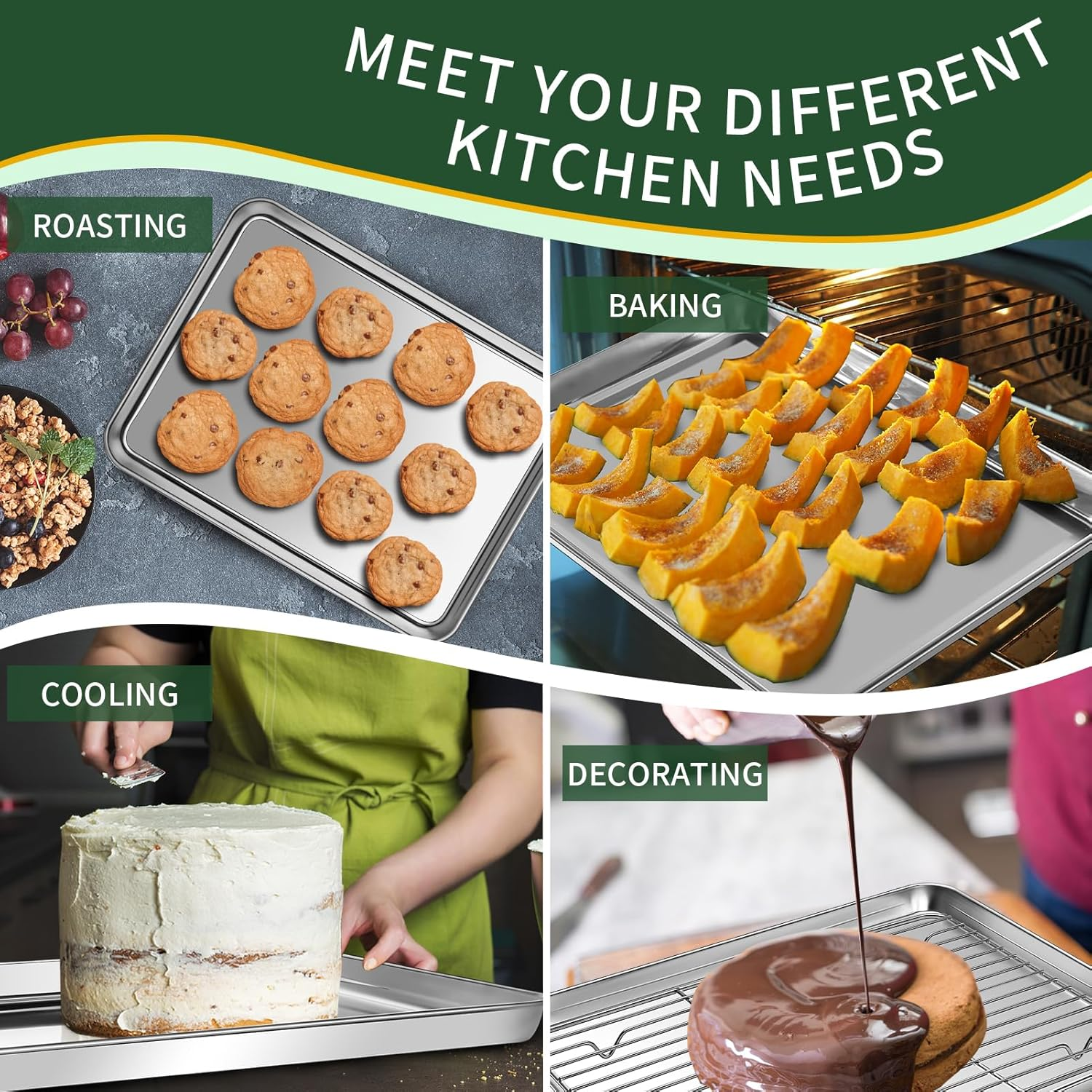 Small Baking Sheet with Cooling Rack Set [2 Baking Pans + 2 Wire Racks], CEKEE Stainless Steel Cookie Sheets for Baking, Heavy Duty & Dishwasher Safe Baking Sheets for Oven, Size 9 X 7 X 1 Inch image number 3