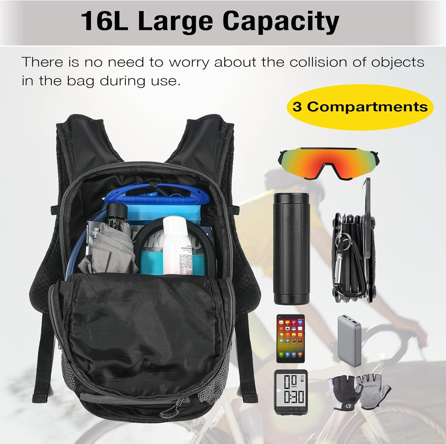 BOBILIFE Cycling Backpack, Water Resistant, Lightweight with Helmet Mesh Holder, Black, 16L image number 4