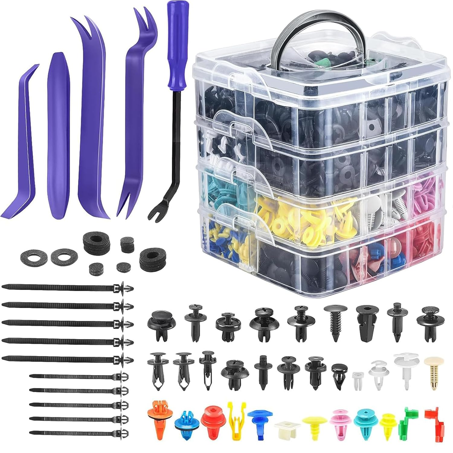 1240Pcs Car Retainer Clips Auto Fasteners Assortment Kit,32 Universal Sizes Nylon Bumper, Fender Rivets and Door Panel Clips,With 10 Cable Ties and Removal Tool,Universal for All Cars, Blue image number 4