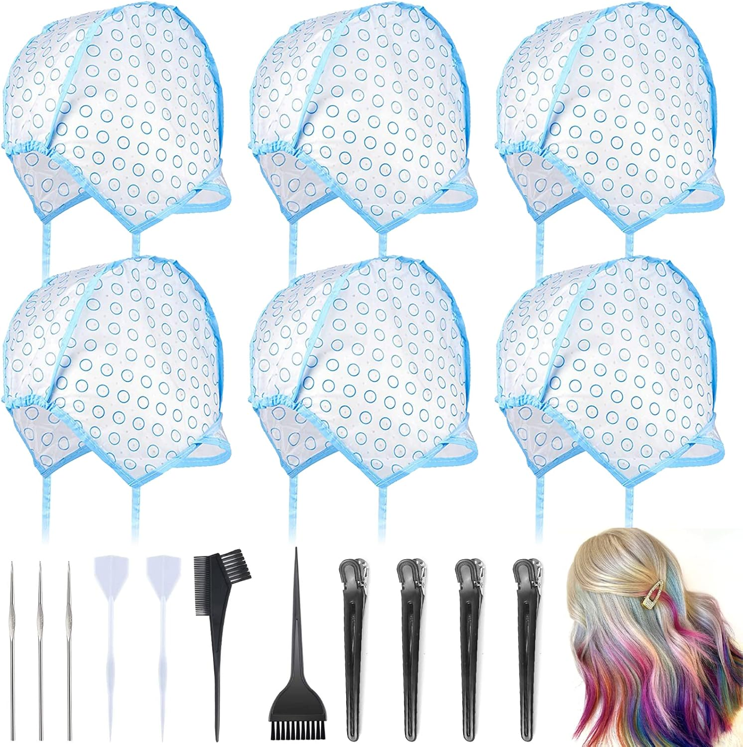 VEGCOO 17 Highlight Cap Hair Dye Accessory Set, Highlight Cap Hair Dye Caps with Dye Brush for Crochet for Salon and Home Hair Dyeing