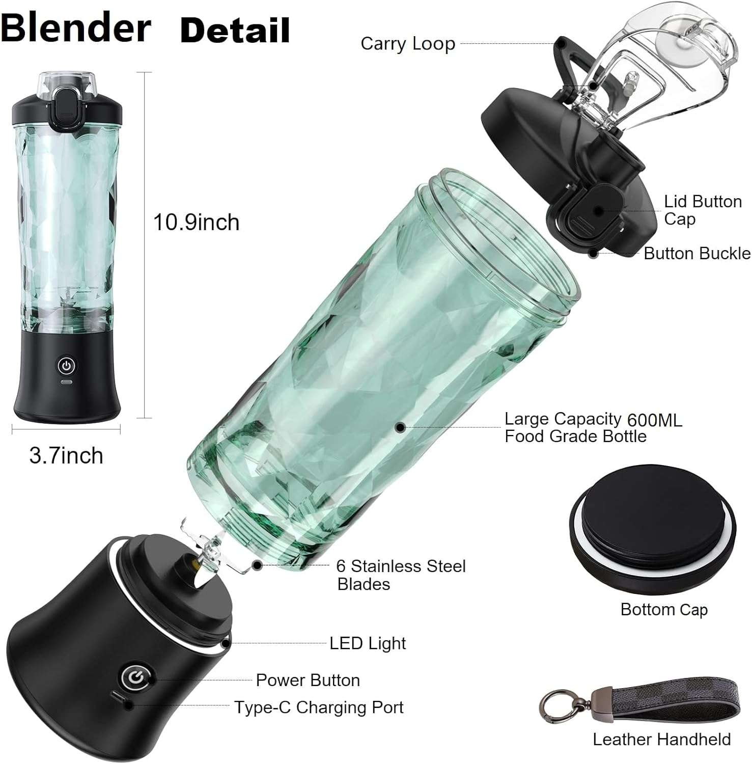 Portable Blender 20 Oz Personal Blender for Smoothie, Fruit Juice, Milk Shake Rechargeable 6 Sharp Blades Juicer Blender Cup for Kitchen Home Travel Gym Office Sports Black