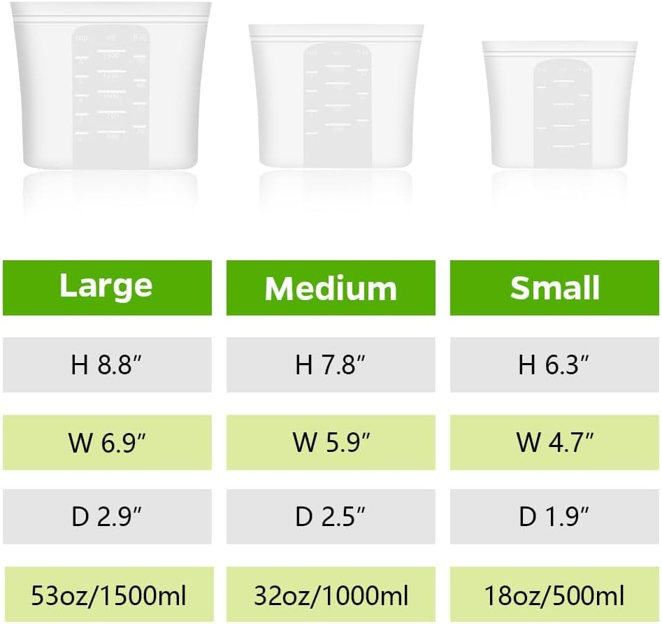 3Pcs Silicone Food Storage Bags, Sandwich Snack Bags New Generation Stand up Zip Container for Soup and Leftovers, Plastice & BPA Free, Microwave Oven Safe 3 Pack (51Oz, 34Oz, 17Oz)，White image number 2