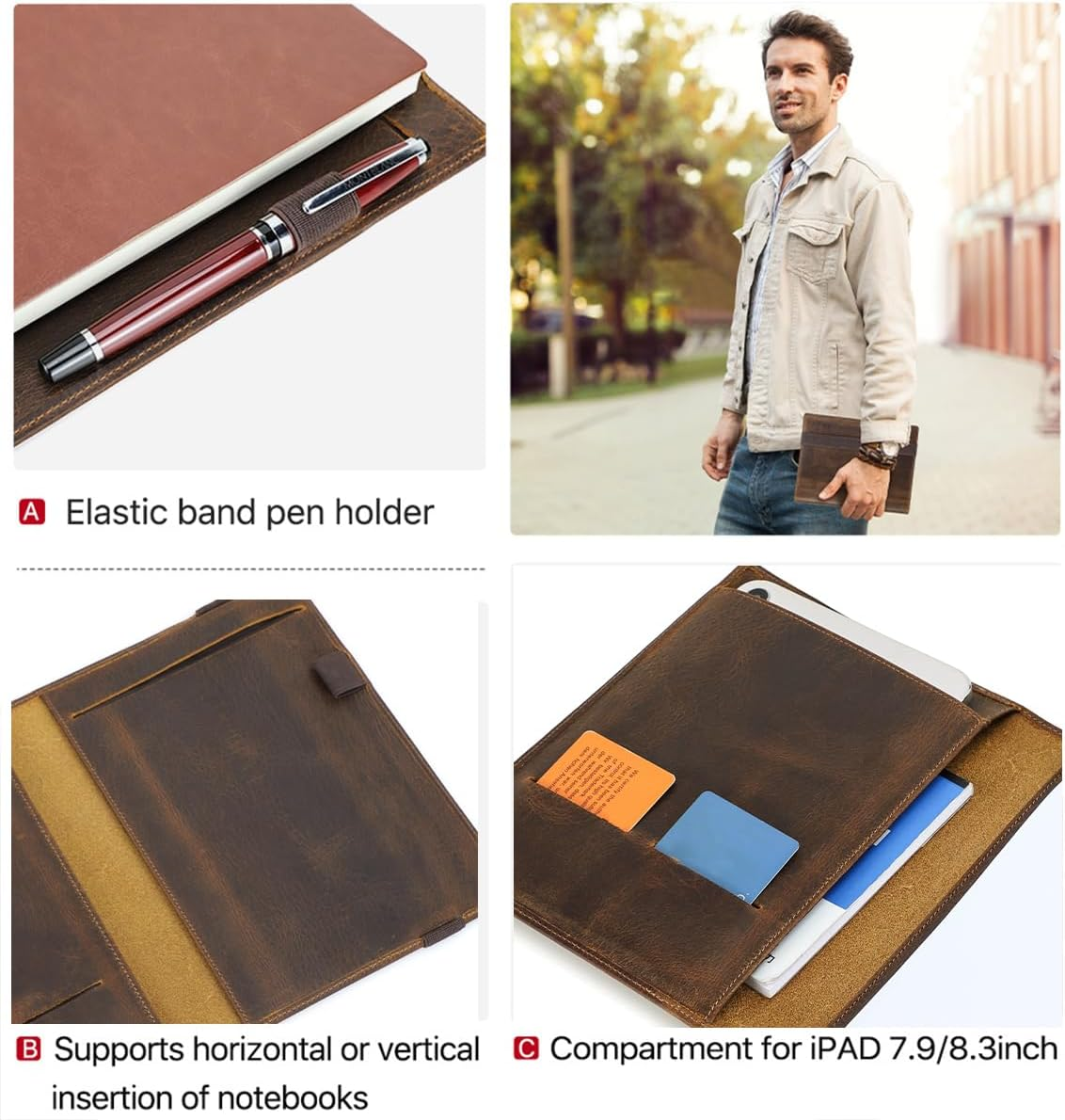 Contacts Full Grain Leather Portfolio for Men Legal Pad Padfolio Folder Binder Organizer Notebook Holder Fit 7.9" Ipad and A5 Size Document image number 5