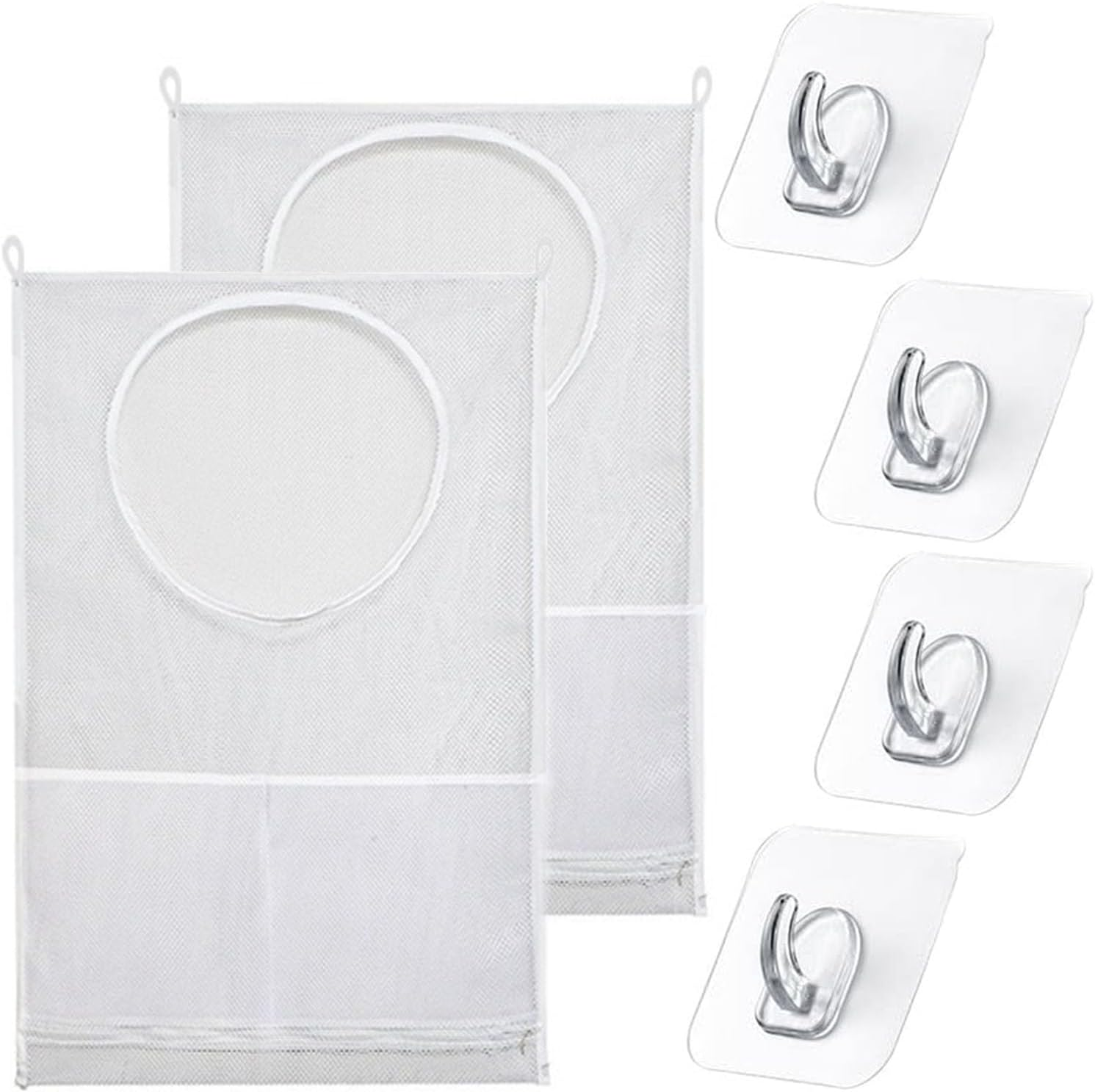 2 Pack Hanging Mesh Storage Bags, 77Cmx50Cm Mesh Sack with 4 Adhesive Hooks, Door Hanging Laundry Hamper Bag Perfect for Dormitory Bathroom Kitchen Storage Dirty Clothes/Junk Foods/Plush Toy image number 2