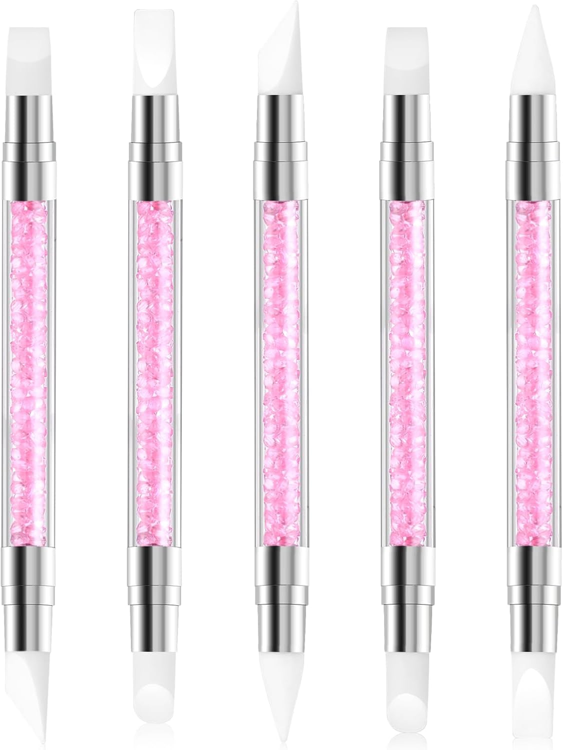 5 Pcs Nail Art Sculpture Pen, Dual Tipped Silicone Nail Tools, Silicone Head Acrylic Handle Nail Art Brushes, Rhinestone Nail Polish Carving Pen, Nail Art Tools for Home Salon (Pink)