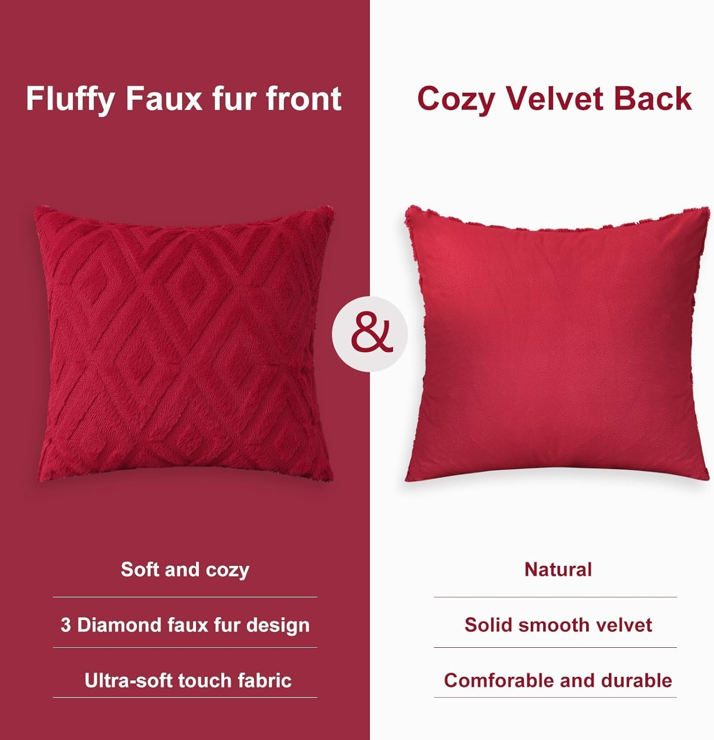 2Pcs Soft Faux Fur Throw Pillow Covers 18X18 - Plush Short Wool Velvet Decorative Pillow Covers - Couch Sofa Pillow Covers for Living Room - with 3D Diamond Pattern (Red) image number 6