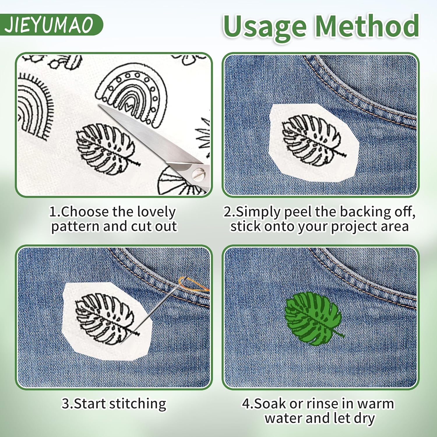 4 Sheets Water Soluble Embroidery Patterns, Stick and Stitch Embroidery Paper with Sewing Accessories, Various Patterns Water Soluble Stabilizer for Embroidery for Hand Sewing Beginners image number 2