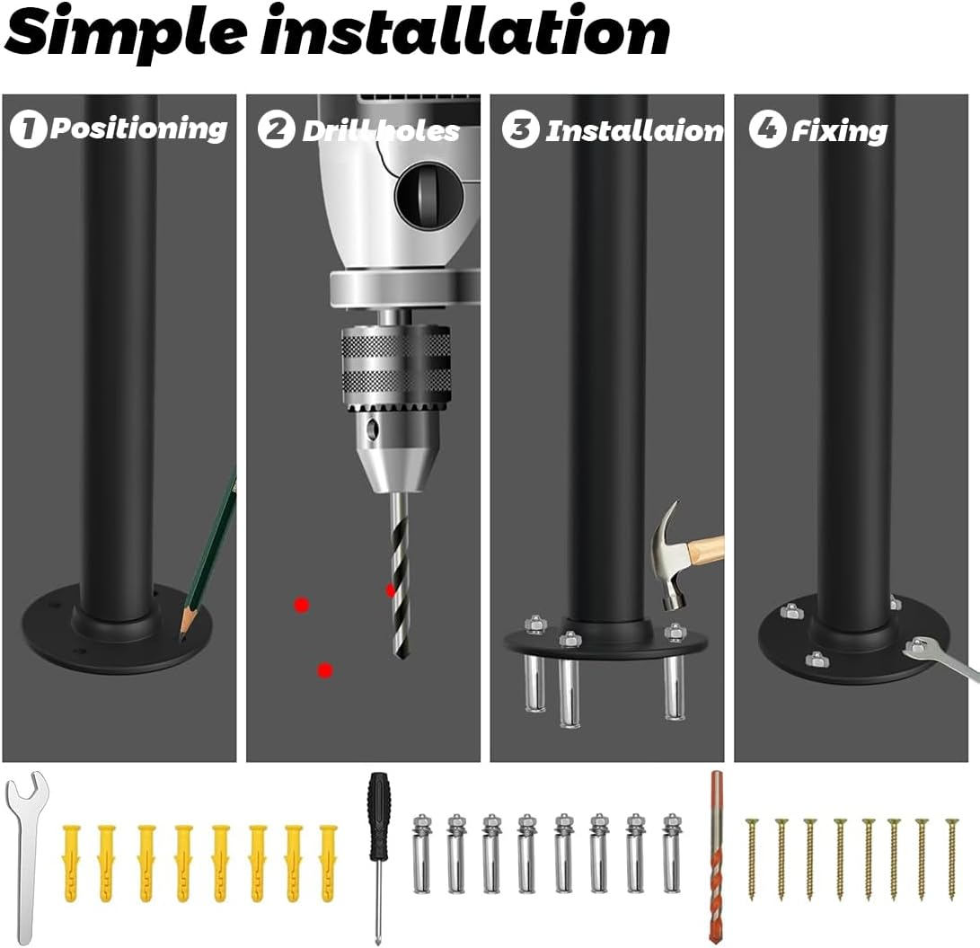REASOR Outdoor Stair Railing Handrail for 1-2 Steps, Single Post Wrought Iron Rail for Concrete or Wooden Stairs, Black Powder Coated, 25Mm Diameter, Supports up to 100Kg image number 3