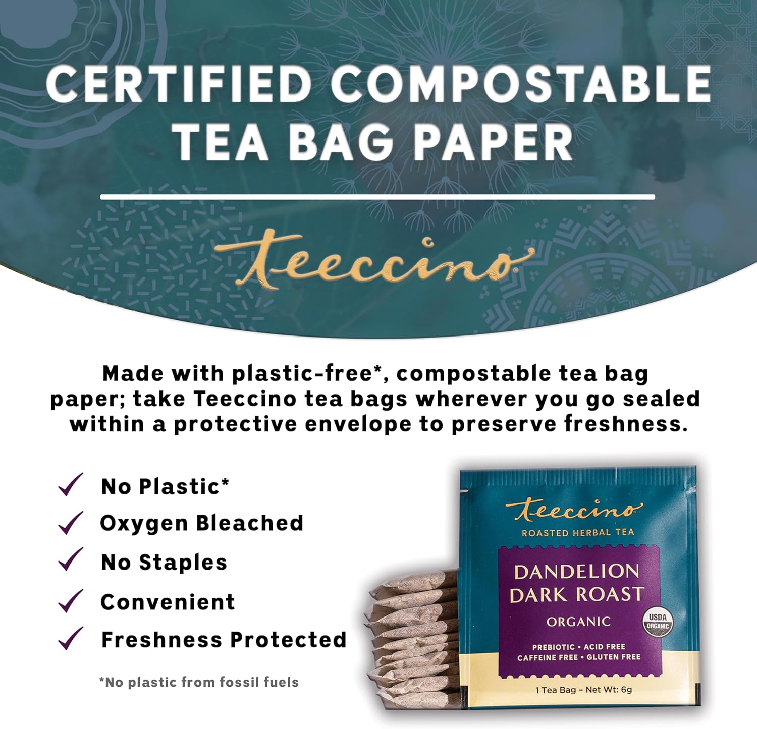 Teeccino Organic Dandelion Dark Roast Roasted Caffeine Free Herbal Tea 150 G, 25 Teabags image number 4