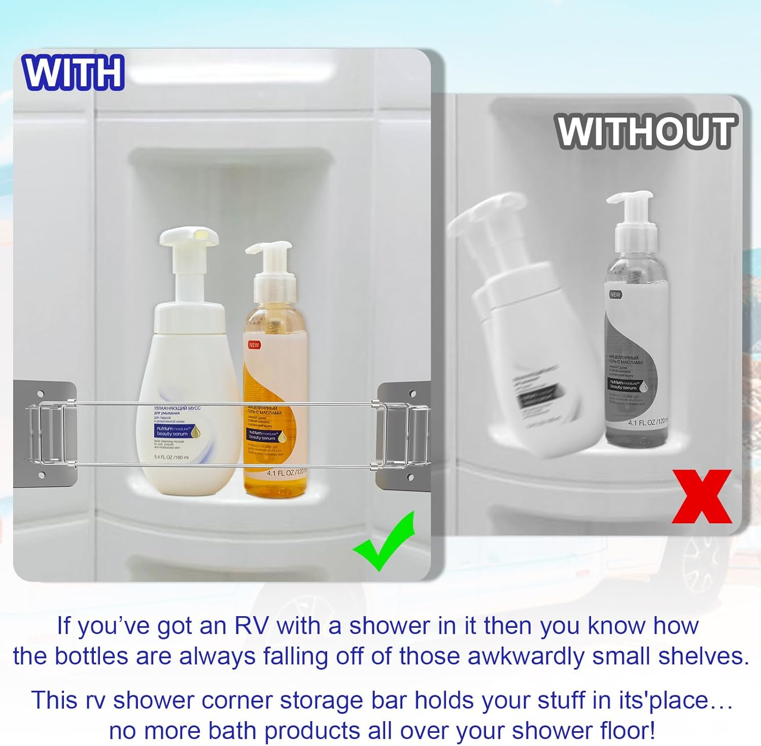 2PCS Rv Accessories for Inside, RV Shower Corner Storage Bar with 5PCS Hooks, Adjustable Tension Rods 7-13 Inches, Camper/Travel Trailer Accessories Organizing Kitchen/Bathroom image number 4