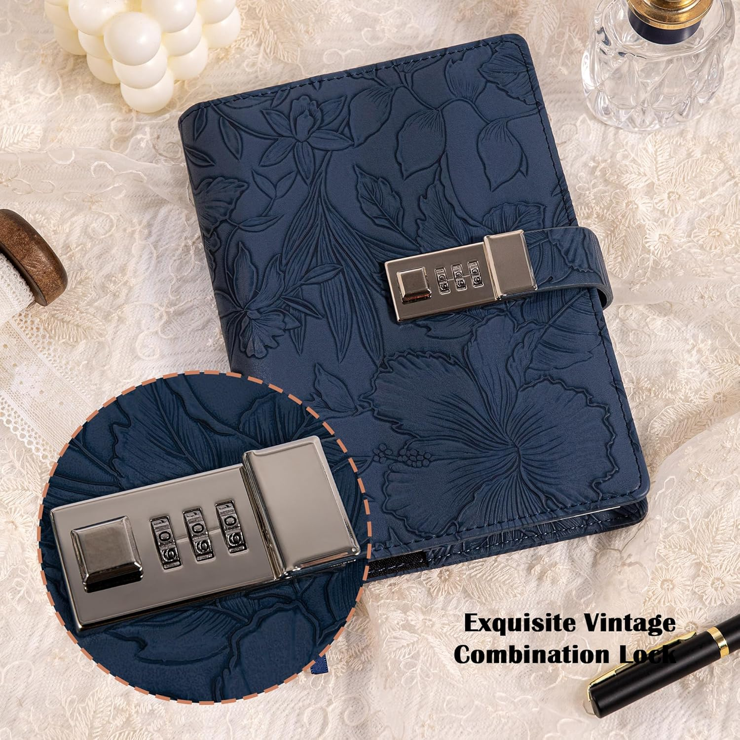 Diary with Lock for Women, 3D Embossed Journal with Lock, 224 Pages Wide Lined Notebooks, PU Leather with Pen and Stickers Planner Organizer for Women & Men - Deep Blue image number 3