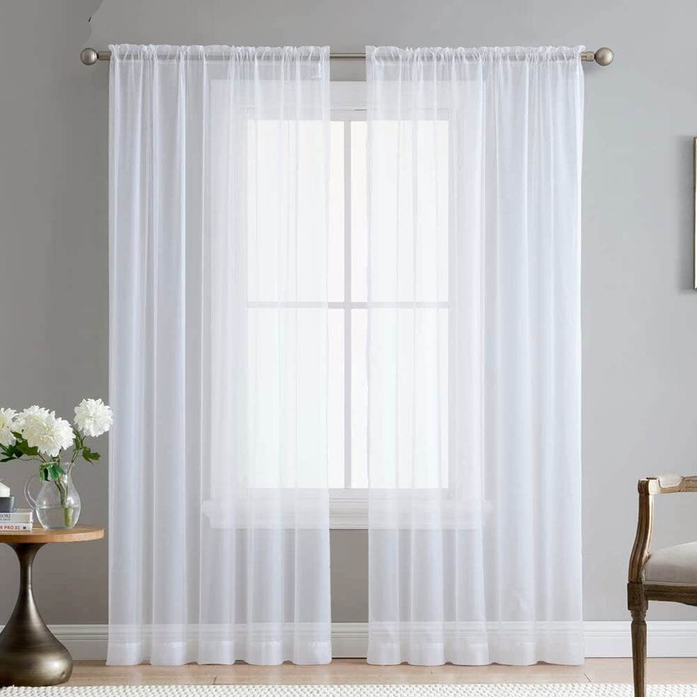Set of 2 Luxton White Sheer Curtains, Rod Pocket Voile Curtain Panels 140X213Cm (White Colour) - Black image number 3