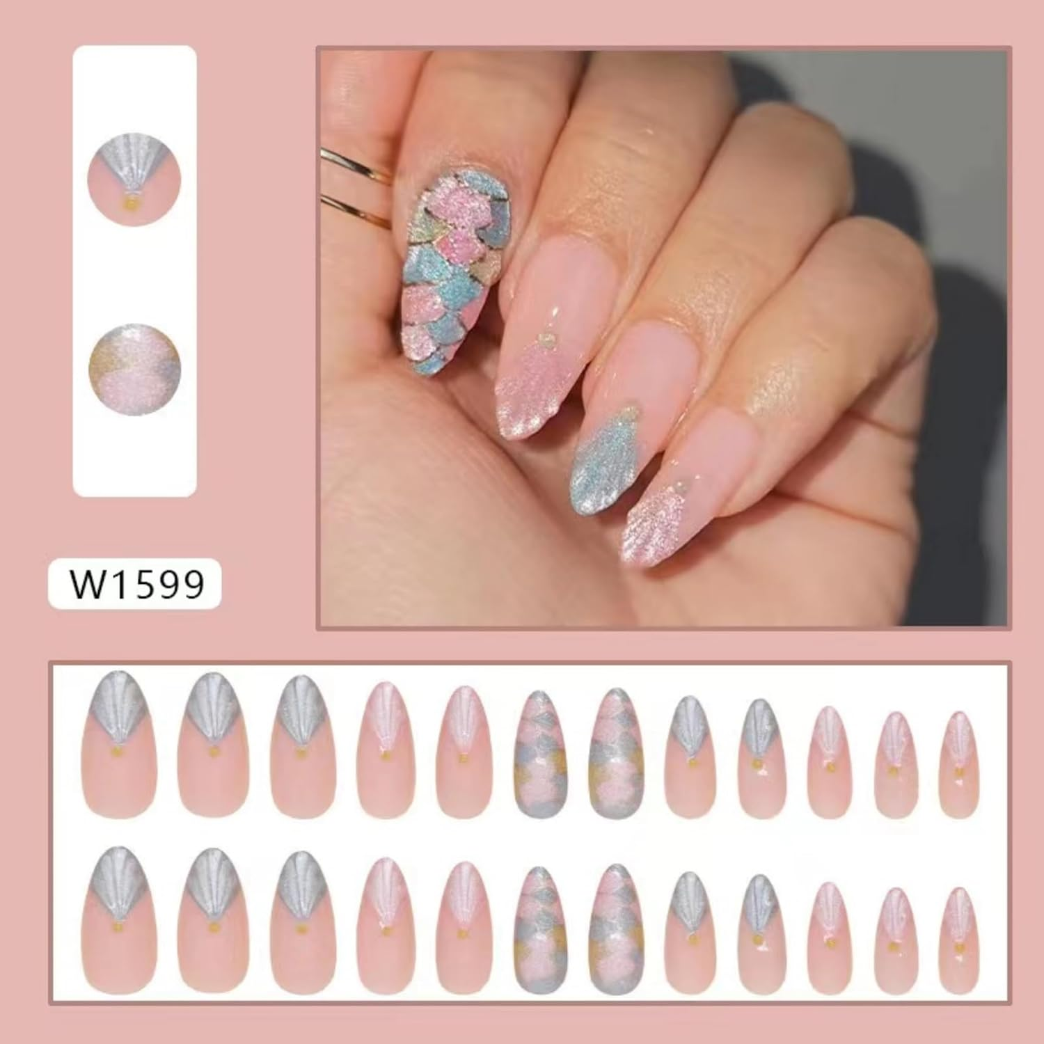 KAVI' S 24Pcs French Tip Stick on Nails Three-Dimensional Pattern Press on Nails Rococo Fake Nails Short Almond Acrylic False Nails Jerry Glue for Women Girls Nail Art image number 4