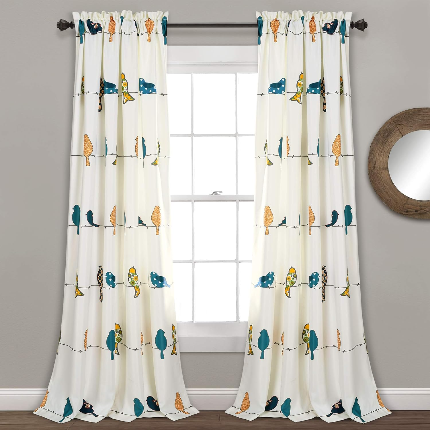 Lush Decor Rowley Birds Light Filtering Window Curtain Panels, Pair, 52" W X 84" L, Blue & Gray - Colorful Floral Print - Whimsical & Playful Bird Curtains for Bedroom, Living Room, or Dining Room
