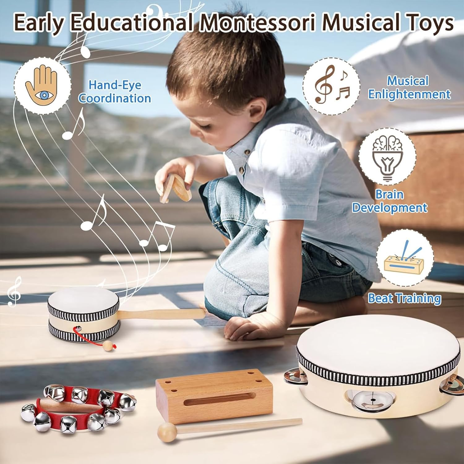 Wooden Kids Musical Instruments for 1-9 Years Old, with Drum, Hand Bells, Flute, Maracas, Castanet, Tamburine, Chime Bar,For Babies and Toddlers, Durable, Safe, Montessori Educational Toy, Storage Bag image number 5