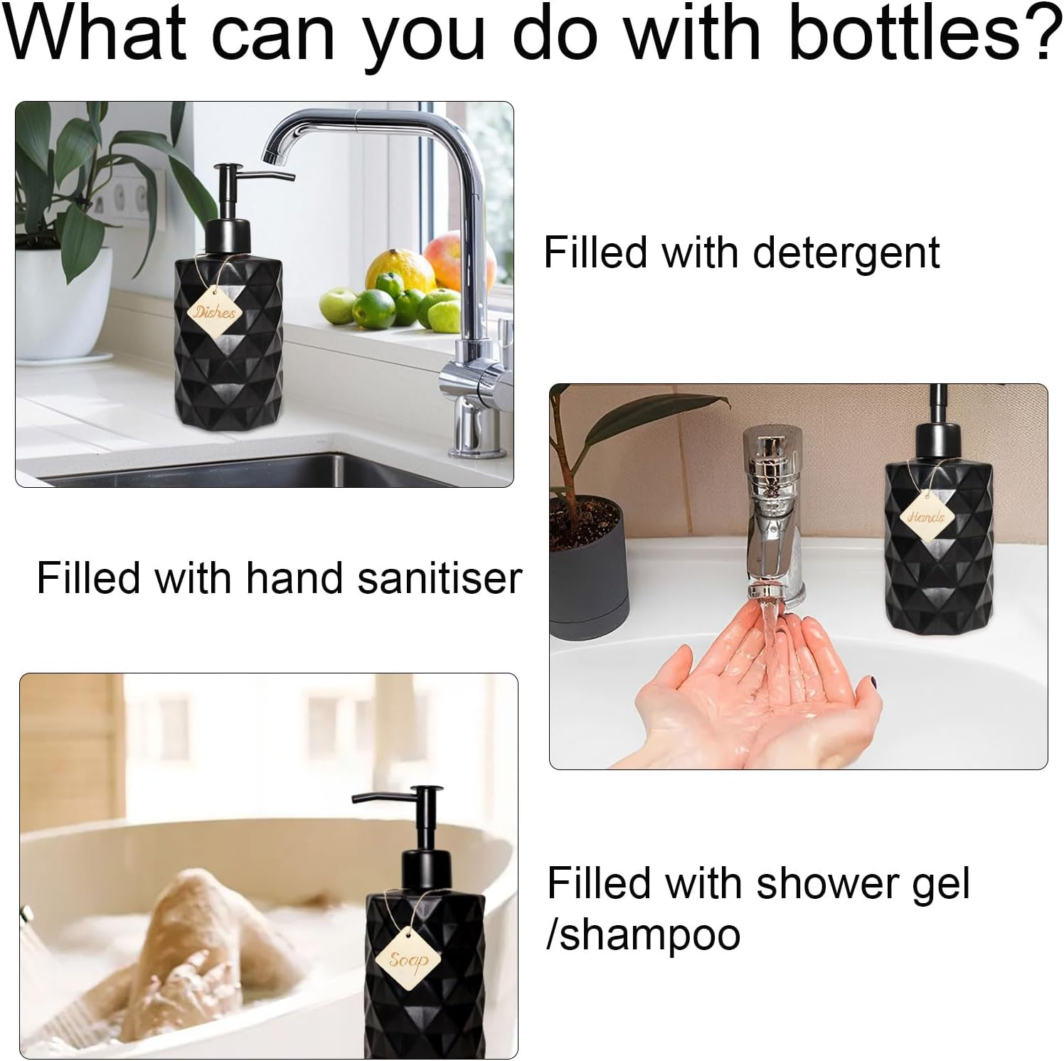 Set of 2 Glass Washing-Up Liquid Dispenser, Soap Dispenser Matte Black with Tray, Soap Dispenser Set, Hand Soap Dispenser, Shower Gel Dispenser for Kitchen, Bathroom, Shampoo, Lotion image number 3