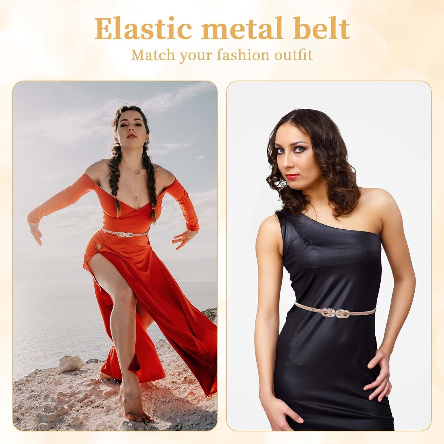 Mikovivi Gold Belt for Women, Metal Elastic Waist Belt Fashion Thin Belts Fancy Skinny Waistband for Ladies Dresses Jeans Shirt image number 2