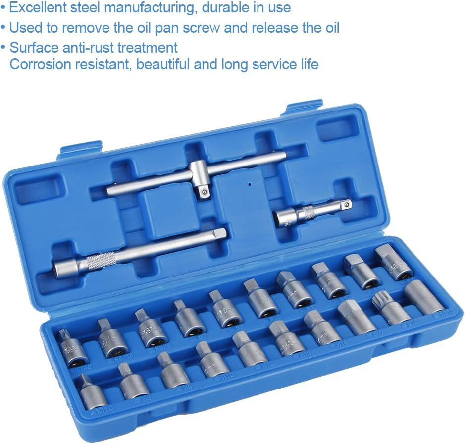 Nutriess Oil Drain Sump Screw Removal Kit 23 Pcs Set 3 8In Car Repairing Tool Efficient Screw Sleeve Wrench for Automotive Maintenance image number 1