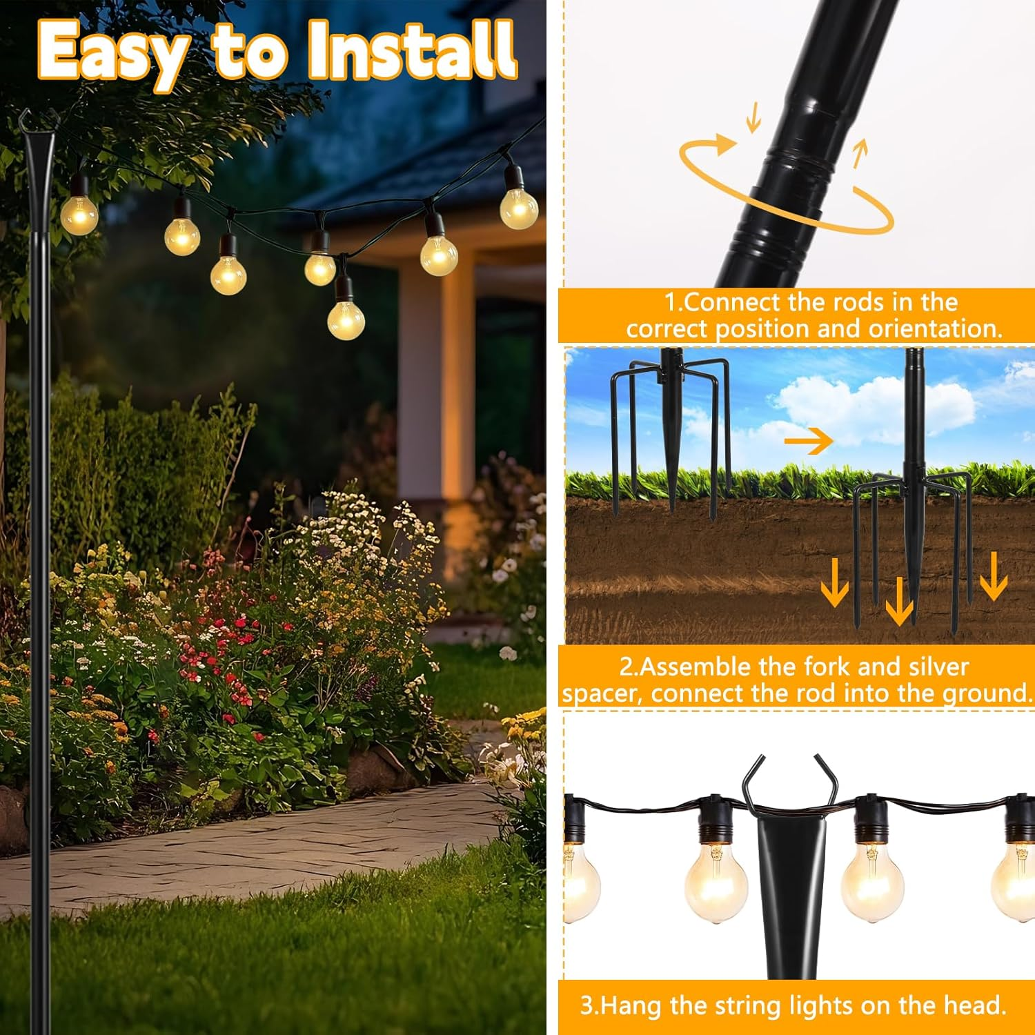 2 Pack 9 Ft String Light Poles,Light Poles for outside String Lights,Outdoor Light Poles with Fork,Metal Pole Stand for Patio,Backyard,Deck